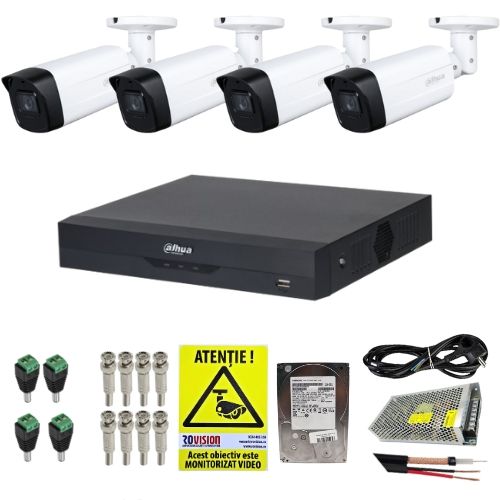 Sistem supraveghere complet Dahua 4 camere 2MP IR 80m lentila 3.6mm, DVR 4 canale 5MP WizSense, accesorii, HDD 500GB + Cadou Autocolant Rovision