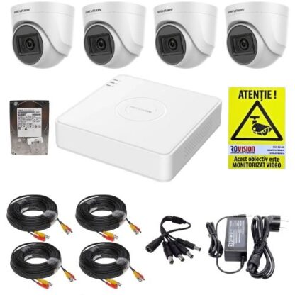Kit supraveghere Hikvision 4 camere 2MP Audio IR 20m Lentila 2.8mm, DVR 4 canale 2MP, accesorii, HDD 500GB + Cadou Autocolant Rovision [1]