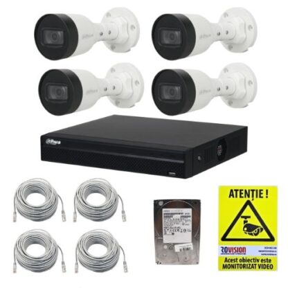 Kit supraveghere IP complet Dahua 4 camere 2MP IR 30m IP67 PoE, NVR 4 canale PoE SMD Plus 12 MP, accesorii, HDD + Autocolant ROVISION [1]