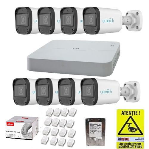 Kit supraveghere IP complet 8 camere Uniarch 4MP IR 30m Lentila 2.8mm PoE Microfon IP67, NVR UNV 8 Canale PoE  4K 8MP, accesorii, HDD + CADOU Autocolant Rovision