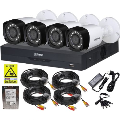 Kit supraveghere complet Dahua 4 camere 2MP IR 20m, DVR 4 canale 5MP WizSense inteligenta artificiala, accesorii, HDD 500GB + Autocolant Rovision
