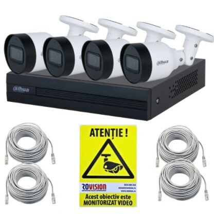 Kit supraveghere IP Dahua 4 camere 5MP IR 30m PoE Microfon, NVR 4 canale PoE 12MP SMD Plus, cabluri + Autocolant Rovision [1]
