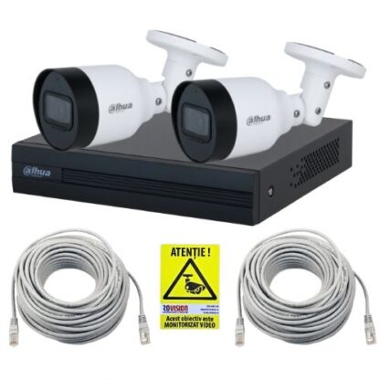 Kit supraveghere IP Dahua 2 camere 5MP IR 30m PoE Microfon, NVR 4 canale PoE 12MP SMD Plus, cabluri + Autocolant Rovision [1]