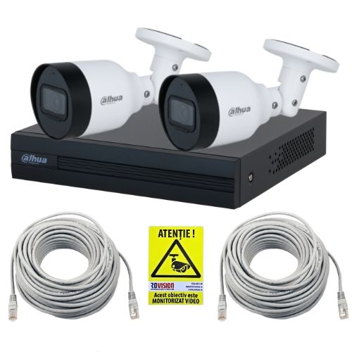 Kit supraveghere IP Dahua 2 camere 5MP IR 30m PoE Microfon, NVR 4 canale PoE 12MP SMD Plus, cabluri + Autocolant Rovision