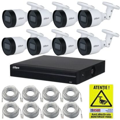 Kit supraveghere IP Dahua 8 camere 5MP IR 30m PoE Microfon, NVR 8 canale PoE 4K 8MP, cabluri + Autocolant Rovision [1]