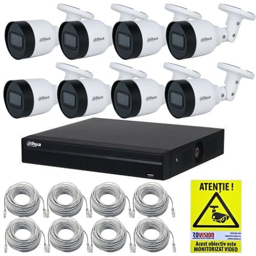Kit supraveghere IP Dahua 8 camere 5MP IR 30m PoE Microfon, NVR 8 canale PoE 4K 8MP, cabluri + Autocolant Rovision