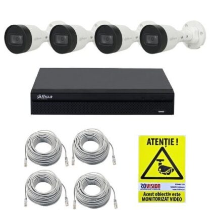 Kit IP Dahua 4 camere 4MP  IR 30m PoE, NVR 4 canale PoE 12MP, cabluri + autocolant Rovision [1]