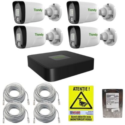 Sistem supraveghere IP Tiandy 4 camere 2MP IR 30m Microfon PoE, NVR 4 canale PoE 5MP, cabluri, HDD 500GB + Autocolant Rovision [1]