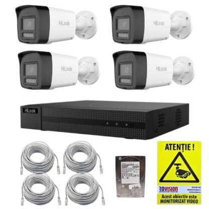 Kit supraveghere IP HiLook 4 camere 4MP PoE Dual Light 30m Microfon Difuzor, NVR 4 canale PoE 4K 8MP, Cabluri, HDD 1TB, Autocolant Rovision [1]