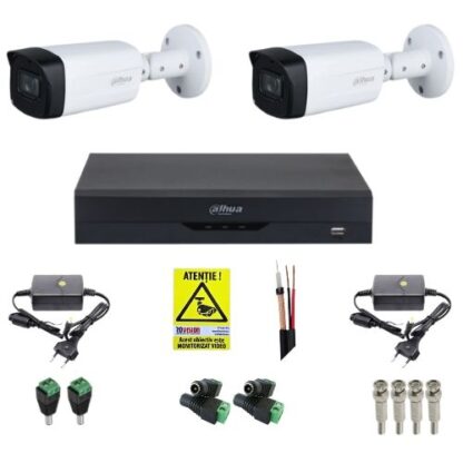Kit supraveghere Dahua 2 camere 5MP IR 80m Lnetila 3.6mm, DVR 4 canale 4K 8MP WizSense, accesorii pentru montaj + Autocolant Rovision [1]