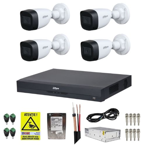 Kit supraveghere complet Dahua 4 camere Starlight 5MP IR 30m Lentila 2.8mm, DVR 4 canale 4K-N/5MP WizSense, HDD 1TB, Accesorii montaj + Autocolant Rovsion