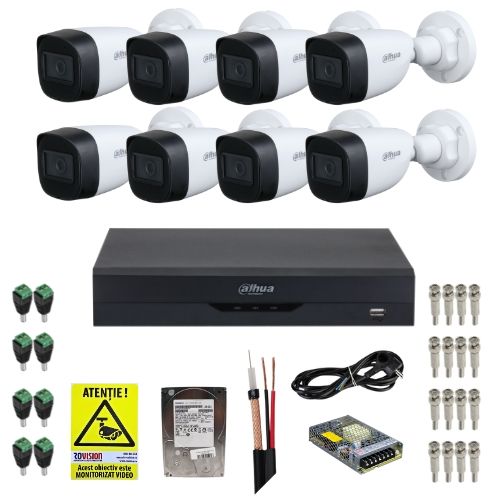 Kit supraveghere complet Dahua 8 camere Starlight 5MP IR 30m Lentila 2.8mm, DVR 8 canale 5MP WizSense, HDD 1TB, Accesorii montaj + Autocolant Rovsion