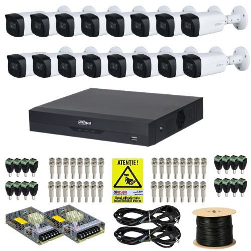 Kit supraveghere complet Dahua 16 camere 5MP IR 80m Starlight Lentila 3.6mm, DVR 16 canale 4K 8MP WizSense, accesorii + Autocolant Rovision