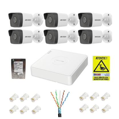 Kit supraveghere IP Hikvision 6 camere 2MP IR 30m PoE Lentila 2.8mm, NVR 8 canale 6MP PoE, accesorii montaj, HDD 1TB + Autocolant Rovision [1]