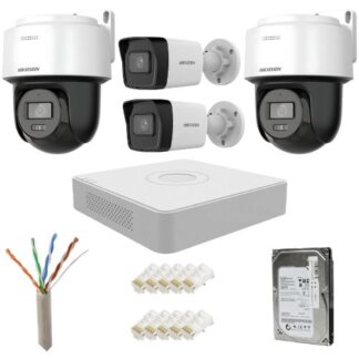Sistem supraveghere IP complet Hikvision 2 camere fixe + 2 camere rotative 4MP IR/lumina alba Speaker, NVR 8 canale PoE, HDD 500GB
