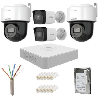 Sistem supraveghere IP complet Hikvision 2 camere fixe + 2 camere rotative 4MP IR/lumina alba Speaker, NVR 8 canale PoE, HDD 500GB [1]