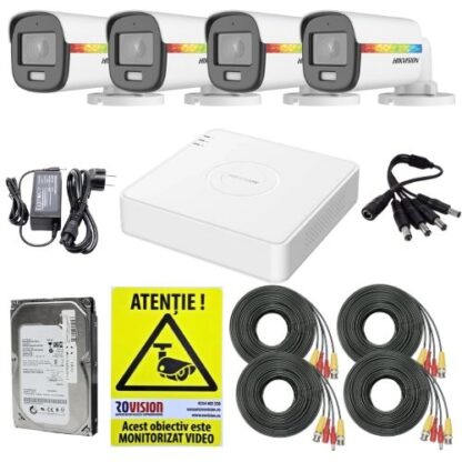 Sistem supraveghere Hikvision, 4 camere ColorVu 2MP Lumina Alba 20m Audio, DVR 4 canale 2MP Audio, Accesorii, HDD 500GB, Autocolant Rovision [1]