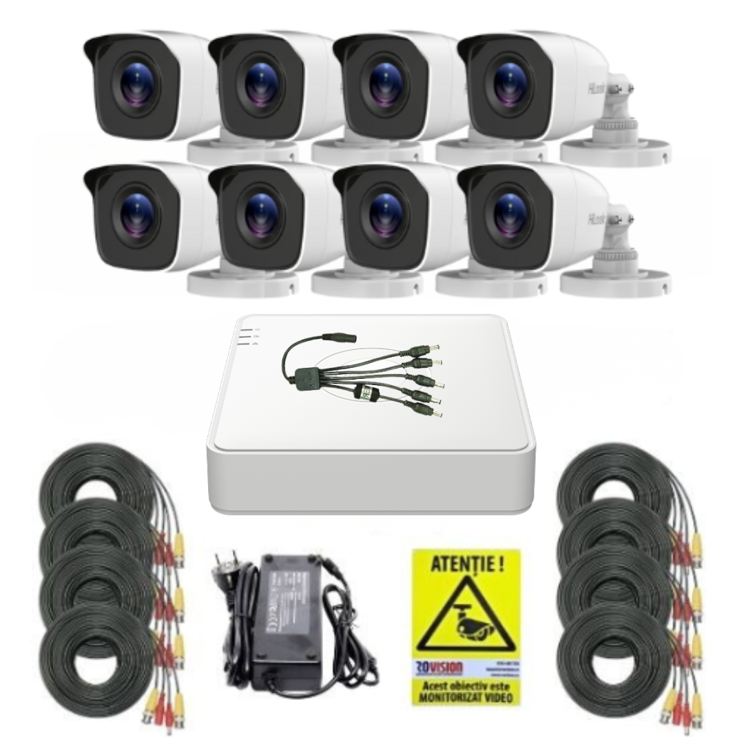 Sistem supraveghere Hilook, 8 camere 2MP IR 20m, DVR 8 canale 2MP, Accesorii montaj, Autocolant Rovision