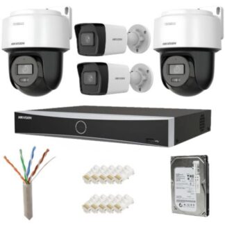 Sistem supraveghere IP complet Hikvision 2 camere fixe + 2 camere rotative 4MP IR/lumina alba Speaker, NVR 4 canale PoE, HDD 500GB