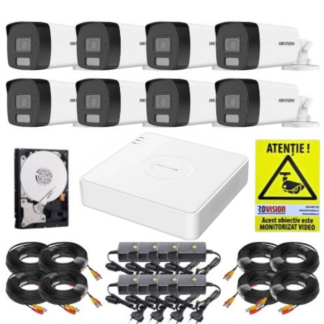 Kit supraveghere Hikvision 8 camere 2MP Dual Light 40m Microfon, DVR 8 canale 4MP, HDD 1TB, Accesorii + Autocolant Rovision
