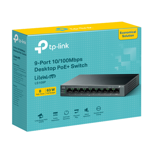 Switch LiteWave, 8 x RJ45 10/100 Mbps PoE, 1 x RJ45 10/100 Mbps, Buget PoE 63W, Unmanaged - TP-Link LS109P - 1 | YEO