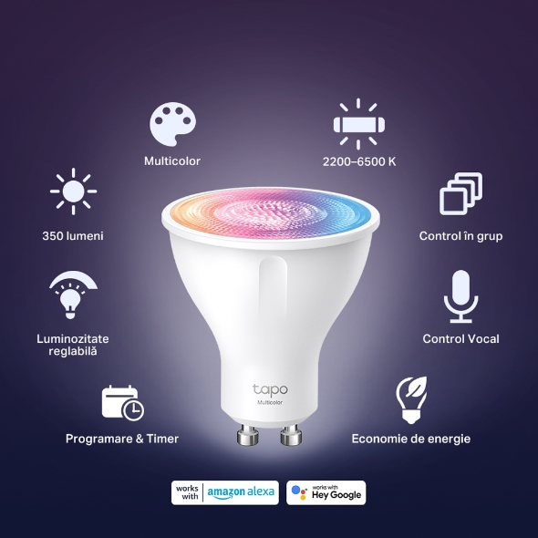 Bec LED smart Wi-Fi, RGB, 2200-6500K, intensitate ajustabila, 350 lm, GU10 - TP-Link Tapo TapoL630 [1]