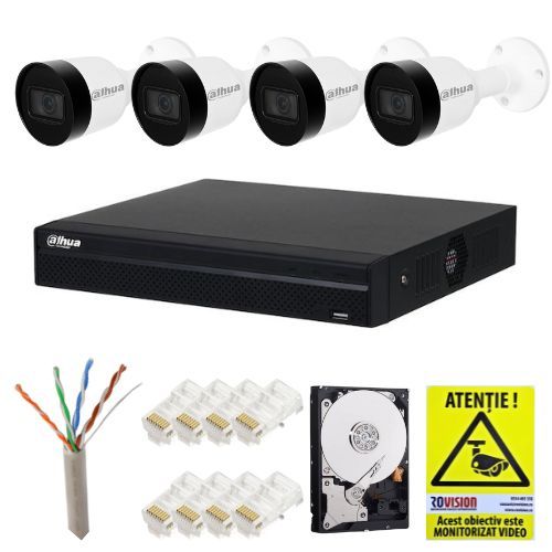 Sistem supraveghere IP Dahua 4 camere IP 5MP Microfon PoE IR 30m NVR 4 canale 8MP 4K PoE Accesorii montaj Hard 1 TB + Autocolant Rovision