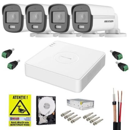 Sistem supraveghere cu functii inteligente Hikvision, 4 camere 5MP 3K, ColorVu, Microfon, Lumina Alba 20m, DVR 4 canale 5MP, Accesorii incluse, HDD 500GB, Autocolant Rovision [1]