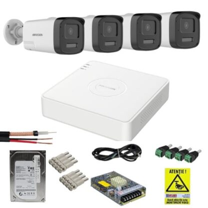 Sistem Supraveghere Analog Hikvision 4 Camere 3K Ultra HD, Dual Light 40m, Audio, DVR 4 Canale 3K lite 5MP, 1xSata, Functii inteligente, accesorii montaj [1]