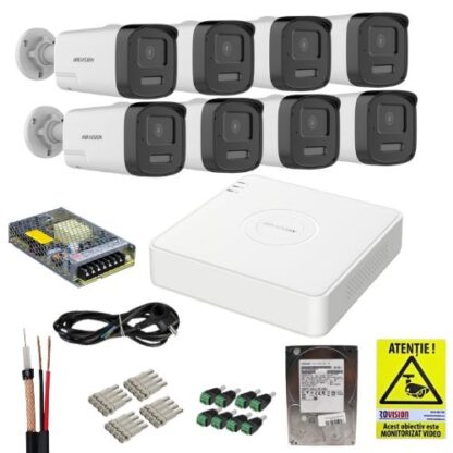 Sistem Supraveghere Analog Hikvision 3K  8 Camere cu Dual Light, Audio Bidirectional, DVR 8 Canale cu Deep Learning, HDD 1TB si Accesorii Montaj [1]