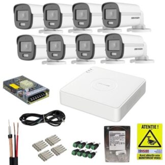 Sistem supraveghere Hikvision, 8 camere 5MP 3K, ColorVu, Lumina Alba 20m,  Microfon, DVR 8 canale cu functii inteligente,  HDD 1TB, Accesorii, Autocolant Rovision