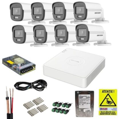 Sistem supraveghere Hikvision, 8 camere 5MP 3K, ColorVu, Lumina Alba 20m,  Microfon, DVR 8 canale cu functii inteligente,  HDD 1TB, Accesorii, Autocolant Rovision [1]