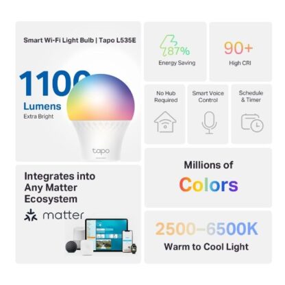 Bec smart Wi-Fi, RGB, intensitate ajustabila, 2500-6500K, 1055 lm, E27 - TP-Link Tapo TapoL535E [1]