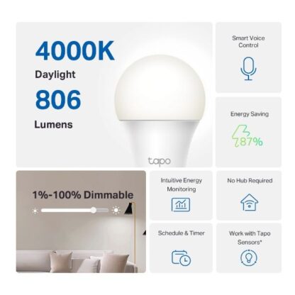 Bec smart Wi-Fi, lumina naturala 4000K ajustabila, 806 lm, E27 - TP-Link Tapo TapoL520E [1]
