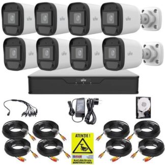 Sistem supraveghere Uniview, 8 camere 5MP 3K, Imagini color noaptea, Lumina Alba 20m, DVR 8 canale 5MP, Accesorii montaj, HDD 1TB, Autocolant Rovision