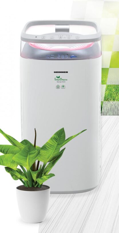 Purificator de aer Heinner HPA-M500, 500 m³/h CADR, filtru HEPA 13, ionizare, afisaj calitate aer, mod Auto & Silentios, 3 viteze, 35W, 35–60 m², alb/argintiu [1]