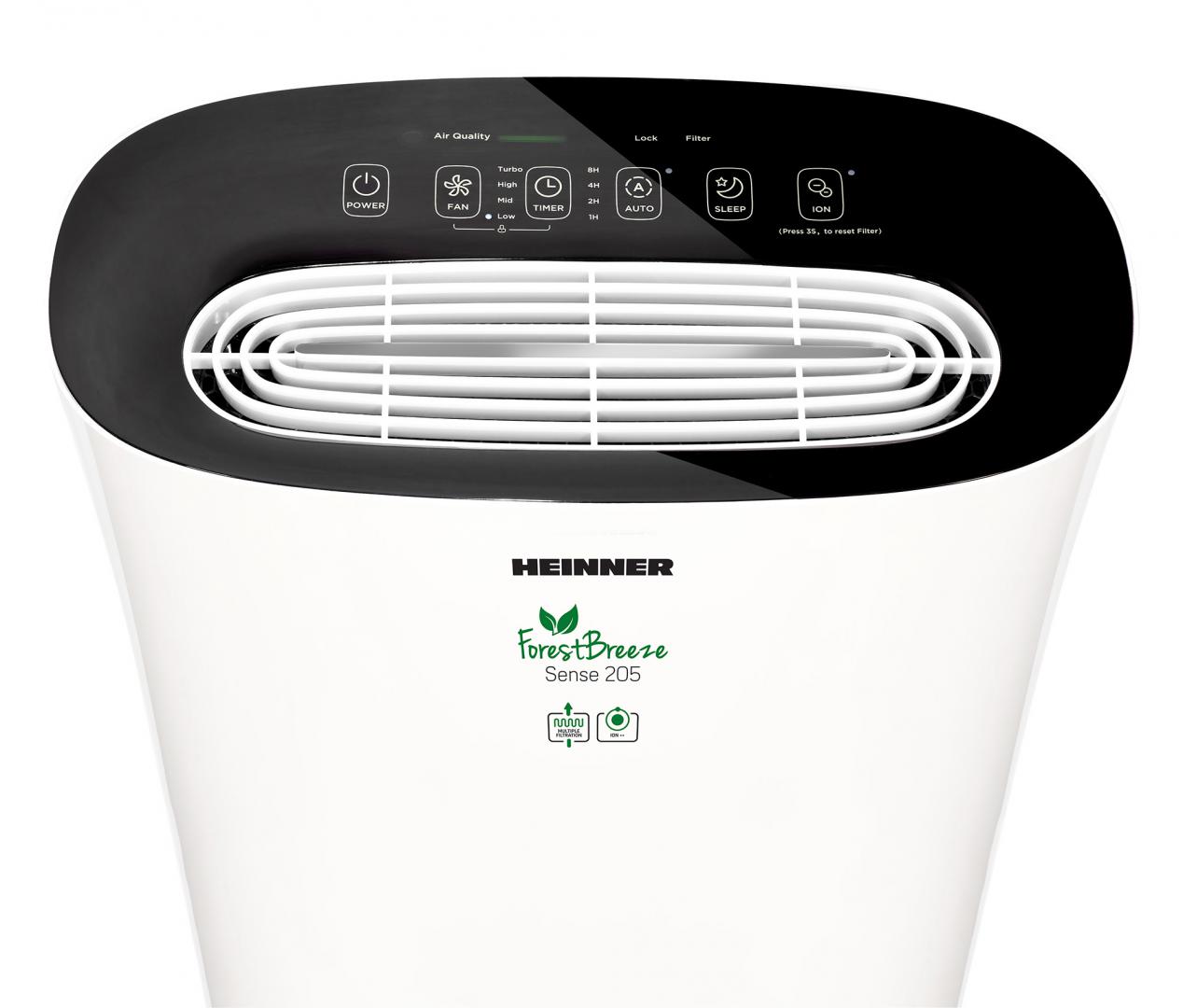 Purificator de aer Heinner HPA-M205, 205 m³/h CADR, filtru compus cu HEPA 13, ionizare, senzor calitate aer, Auto, Sleep, 4 viteze, timer 8h, 22W, 14–24 m², alb/negru - 2 | YEO