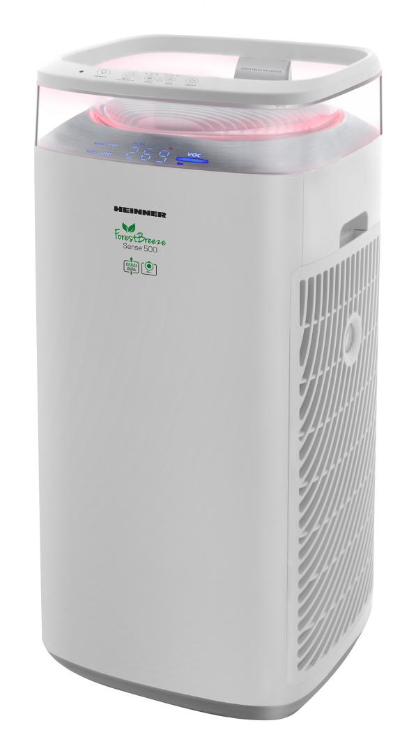 Purificator de aer Heinner HPA-M500, 500 m³/h CADR, filtru HEPA 13, ionizare, afisaj calitate aer, mod Auto & Silentios, 3 viteze, 35W, 35–60 m², alb/argintiu