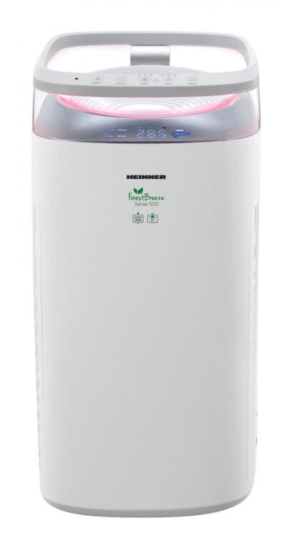 Purificator de aer Heinner HPA-M500, 500 m³/h CADR, filtru HEPA 13, ionizare, afisaj calitate aer, mod Auto & Silentios, 3 viteze, 35W, 35–60 m², alb/argintiu [1]