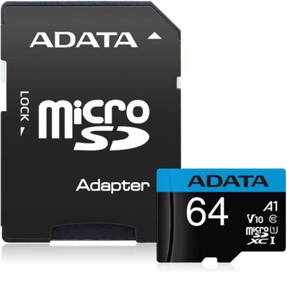 Card microSD ADATA Premier 64GB, microSDXC, UHS-I Class 10, pana la 50MB/s, adaptor SD inclus, rezistent la socuri si raze X, ideal multimedia [1]