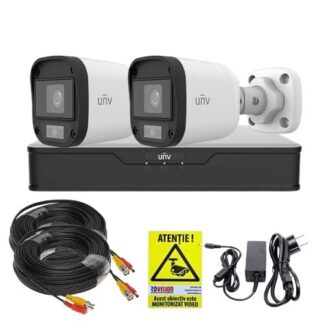 Kit supraveghere Uniview, 2 mini camere de exterior, ColorHunter, 5MP 2K+, Lumina Alba 20m, Vedere color pe timp de noapte, DVR 4 canale, Accesorii montaj, Vizualizare de pe telefon [1]