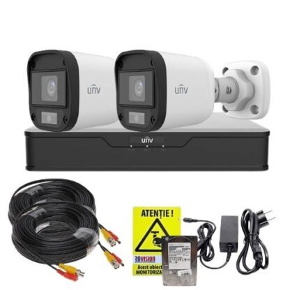 Sistem supraveghere complet 2 camere Uniview, Imagini color noaptea, 5MP 2K+, Lumina Alba 20m, DVR, Accesorii montaj, HDD 500GB [1]