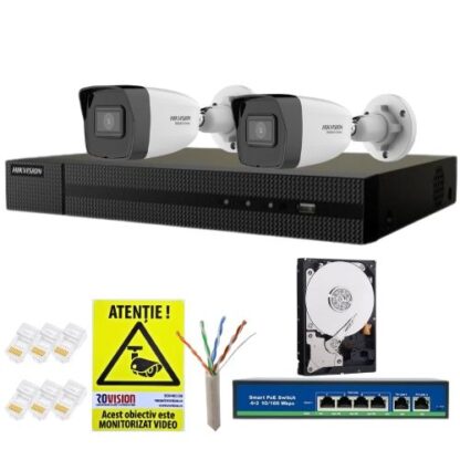 Kit supraveghere IP Hikvision HiWatch, 2 camere 4MP, Infrarosu 30m, PoE, NVR 4 canale, Hard 500GB, Switch PoE, Accesorii montaj [1]