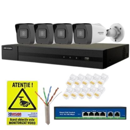 Sistem supraveghere IP Hikvision HiWatch, 4 camere 4MP, IR 30m, PoE, NVR 4 canale 8MP, Switch, Accesorii montaj [1]