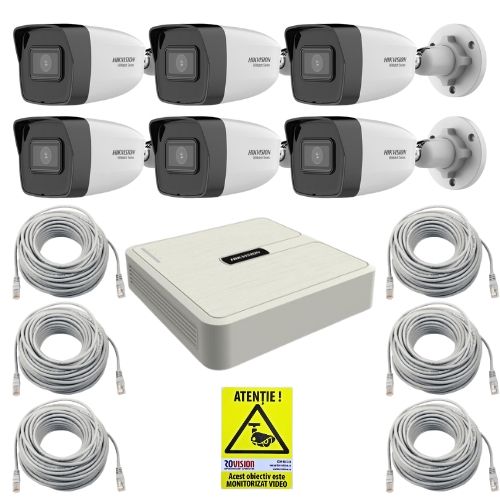 Sistem supraveghere IP HiWatch, 6 camere, 4MP, PoE, IR 30m, NVR 8 canale PoE, Accesorii montaj