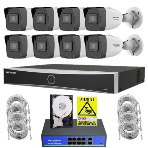 Sistem supraveghere complet Hikvision HiWatch cu functii inteligente, 8 camere 4MP, IR 30m, PoE, NVR 8 canale AcuSense, HDD 1TB, Accesorii montaj