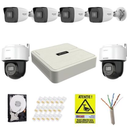 Sistem supraveghere complet Hiwatch, 4 camere fixe 4MP, IR 30m, 2 camere rotative Hikvision 4MP, Microfon, Difuzor, Imagini color noaptea, Auto-Tracking [1]