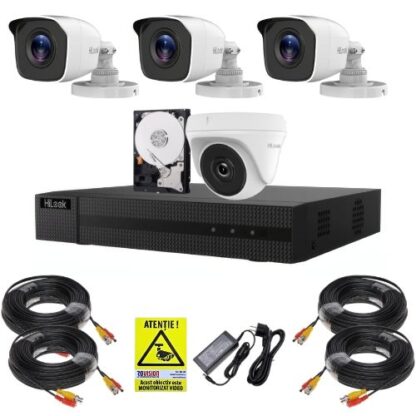 Sistem supraveghere complet Hilook, 3 camere de exterior, Full HD 2MP, infrarosu 20m, 1 camera de interior 2MP Full HD, IR 20m, Vizualizare de pe mobil, HDD 500GB, NVR 4 canale [1]