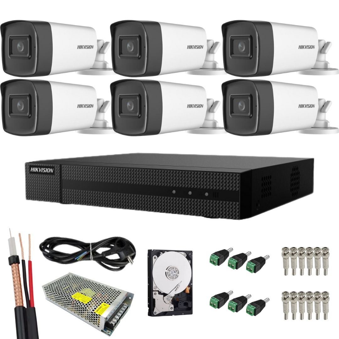 Sistem supraveghere complet Hikvision Turbo HD, Functii inteligente, 6 camere Bullet, 5MP, IR 40 m, HDD 1TB inclus, Vizualizare de pe mobil, Accesorii montaj