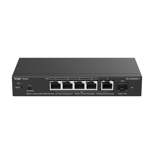 Switch 4 x RJ45 2.5G PoE, 1 x SFP+ 10G, 1 x RJ45 2.5G, Cloud Management - Ruijie Reyee RG-ES206MG-P - 1 | YEO